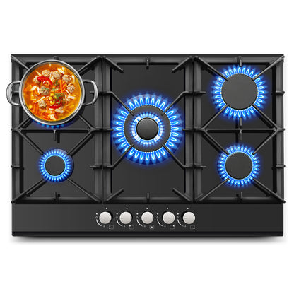 30 Inch 5-Burner Gas Cooktop with Thermocouple Protection & Black Glass Top - LPG/NG Dual Fuel Propane/Natural Gas Stove, Heavy-Duty Construction with Precise Flame Control & Safety Shutoff for Indoor, RV, Apartment, Home Kit