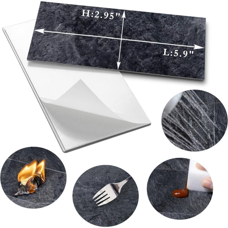 3x6 Peel and Stick Self-Adhesive Thick PVC Marble-Like Black Slate Tile Backsplash - Easy Install Removable Wall Panels for Kitchen, Bathroom, Fireplace, Laundry - Realistic Stone Look /Countertop Cover (No Grout Needed), Lar