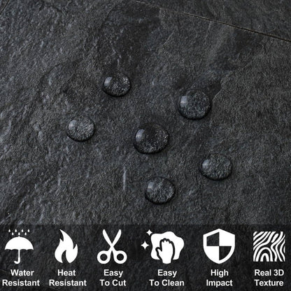 3x6 Peel and Stick Self-Adhesive Thick PVC Marble-Like Black Slate Tile Backsplash - Easy Install Removable Wall Panels for Kitchen, Bathroom, Fireplace, Laundry - Realistic Stone Look /Countertop Cover (No Grout Needed), Lar