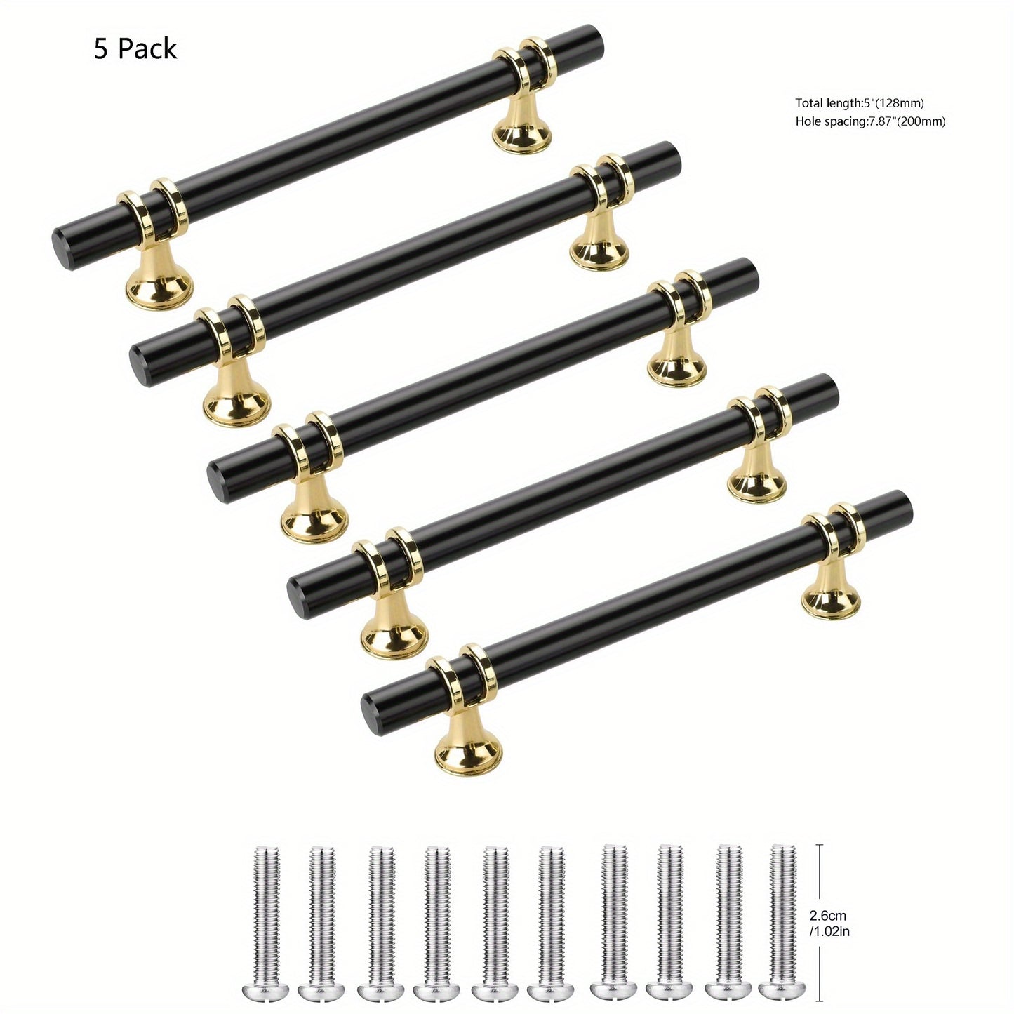 5 Pack/ Black&Golden Cabinet Pulls, 2 Tone Cabinet Handles Drawer Pulls, Kitchen Cabinet Handles, 5-inch (128mm) Hole Center Spacing Solid Dresser Pulls Hardware