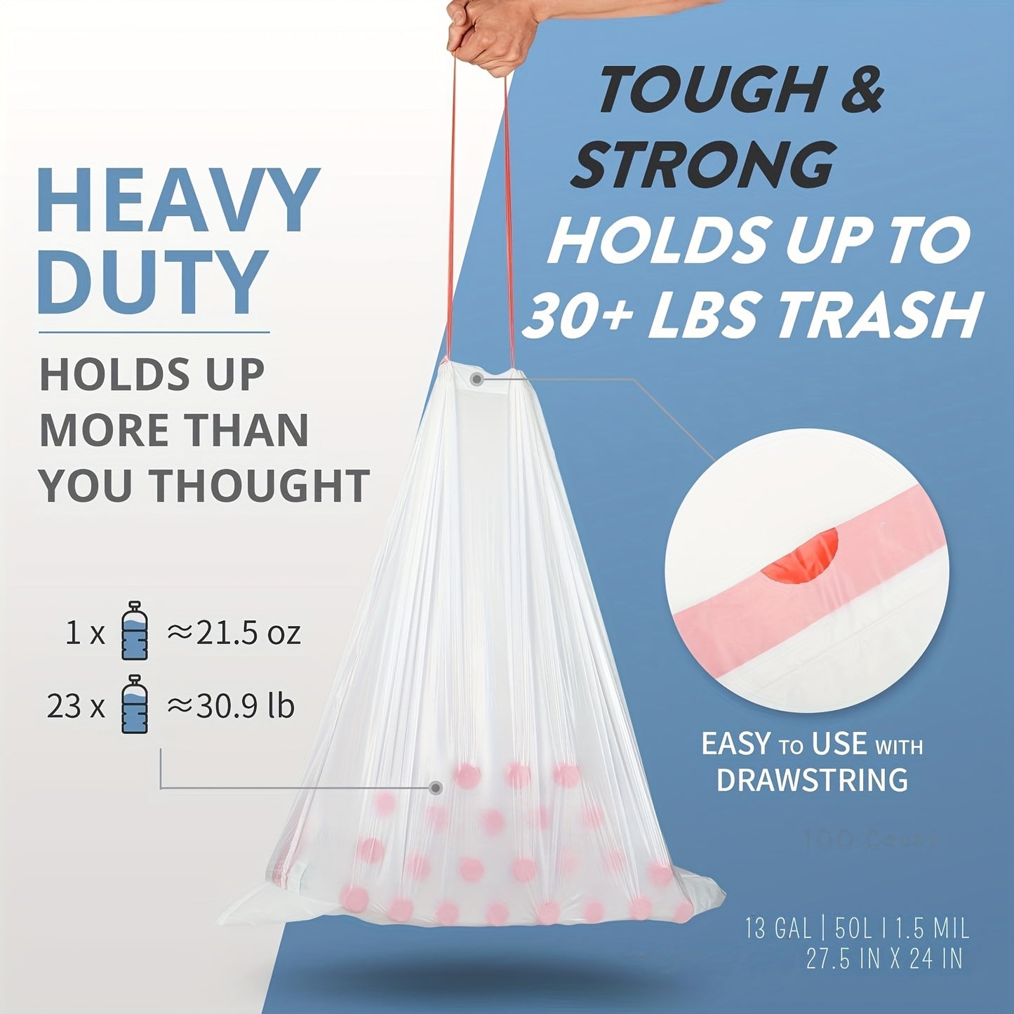 100 -Pack Heavy-Duty 13 Gal Commercial Trash Bags,