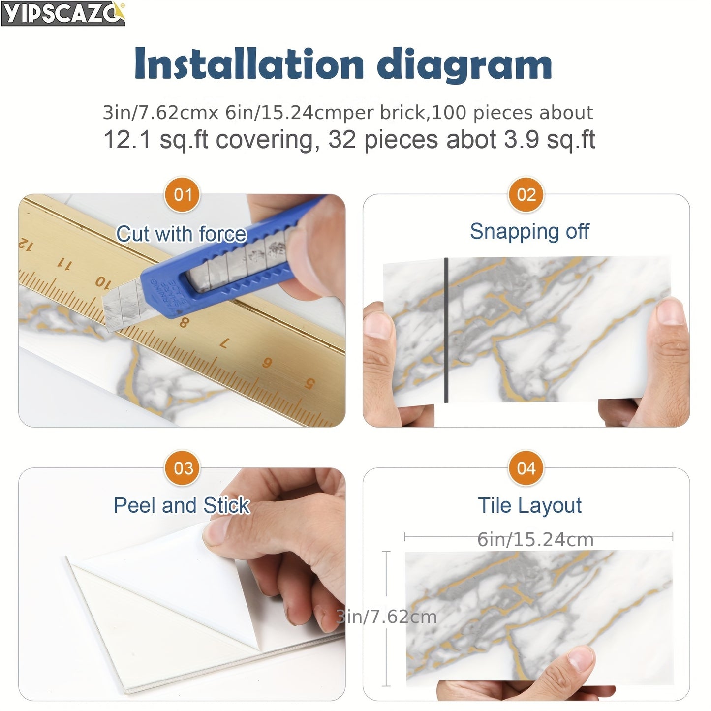 100 pcs Peel and Stick Backsplash Tiles - 3D Textured White & Golden Marble-like Pattern, Peel & Stick Vinyl Composite Wall Tiles, Easy Installation, High Quality & Heat-Resistant, 3x6 Inches for Kitchen, Bathroom, Laundry, F