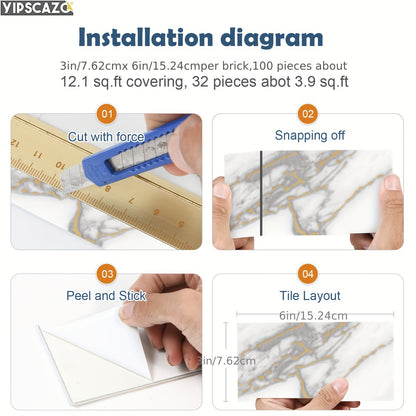 100 pcs Peel and Stick Backsplash Tiles - 3D Textured White & Golden Marble-like Pattern, Peel & Stick Vinyl Composite Wall Tiles, Easy Installation, High Quality & Heat-Resistant, 3x6 Inches for Kitchen, Bathroom, Laundry, F