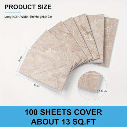 100 pcs Peel and Stick Backsplash Tiles - 3x6 Inch Subway Tile Design, Durable PVC Wall Tiles for Kitchen, Bathroom, Fireplace - Easy Install, No Grout Needed, Marble Pattern in Beige & Brown, Fireplace Backsplash | Marble Pa