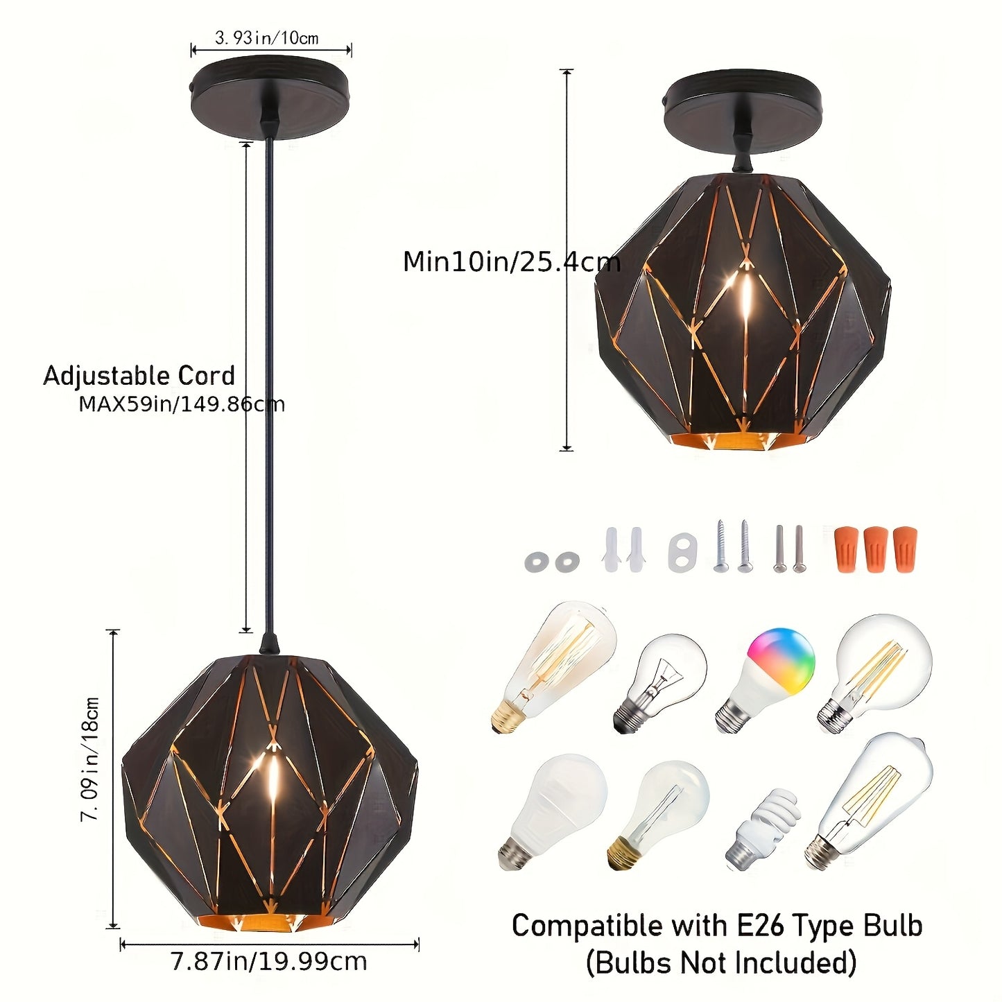 Industrial Pendant Light with Geometric Diamond Shade - Black Modern Farmhouse Ceiling Light for Kitchen Island, Dining Room, Living Room, Bedroom - E27 Bulb Base, 85V-265V, Hardwired, Kitchen Lighting | Modern Farmhouse Styl