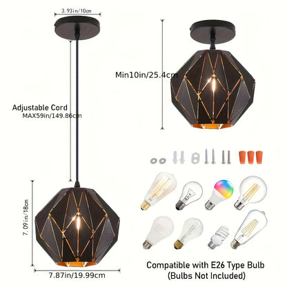 Industrial Pendant Light with Geometric Diamond Shade - Black Modern Farmhouse Ceiling Light for Kitchen Island, Dining Room, Living Room, Bedroom - E27 Bulb Base, 85V-265V, Hardwired, Kitchen Lighting | Modern Farmhouse Styl