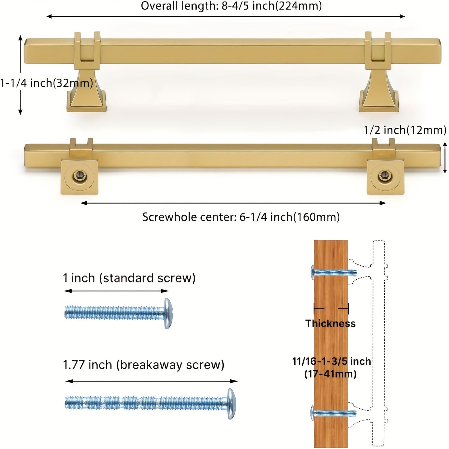 Haliwu Gold Cabinet Pulls, Brushed Brass Cabinet Pulls Square Gold Cabinet Handles, 6-1/4 inch Kitchen Cabinet Handles Hardware