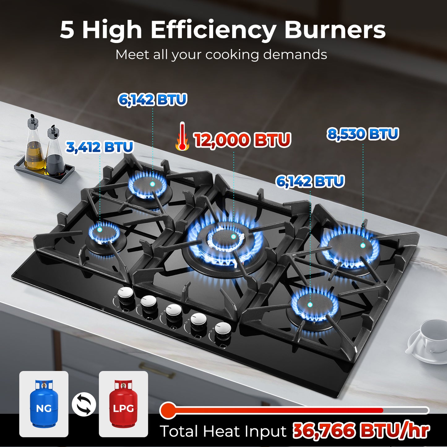 30 Inch 5-Burner Gas Cooktop with Thermocouple Protection & Black Glass Top - LPG/NG Dual Fuel Propane/Natural Gas Stove, Heavy-Duty Construction with Precise Flame Control & Safety Shutoff for Indoor, RV, Apartment, Home Kit
