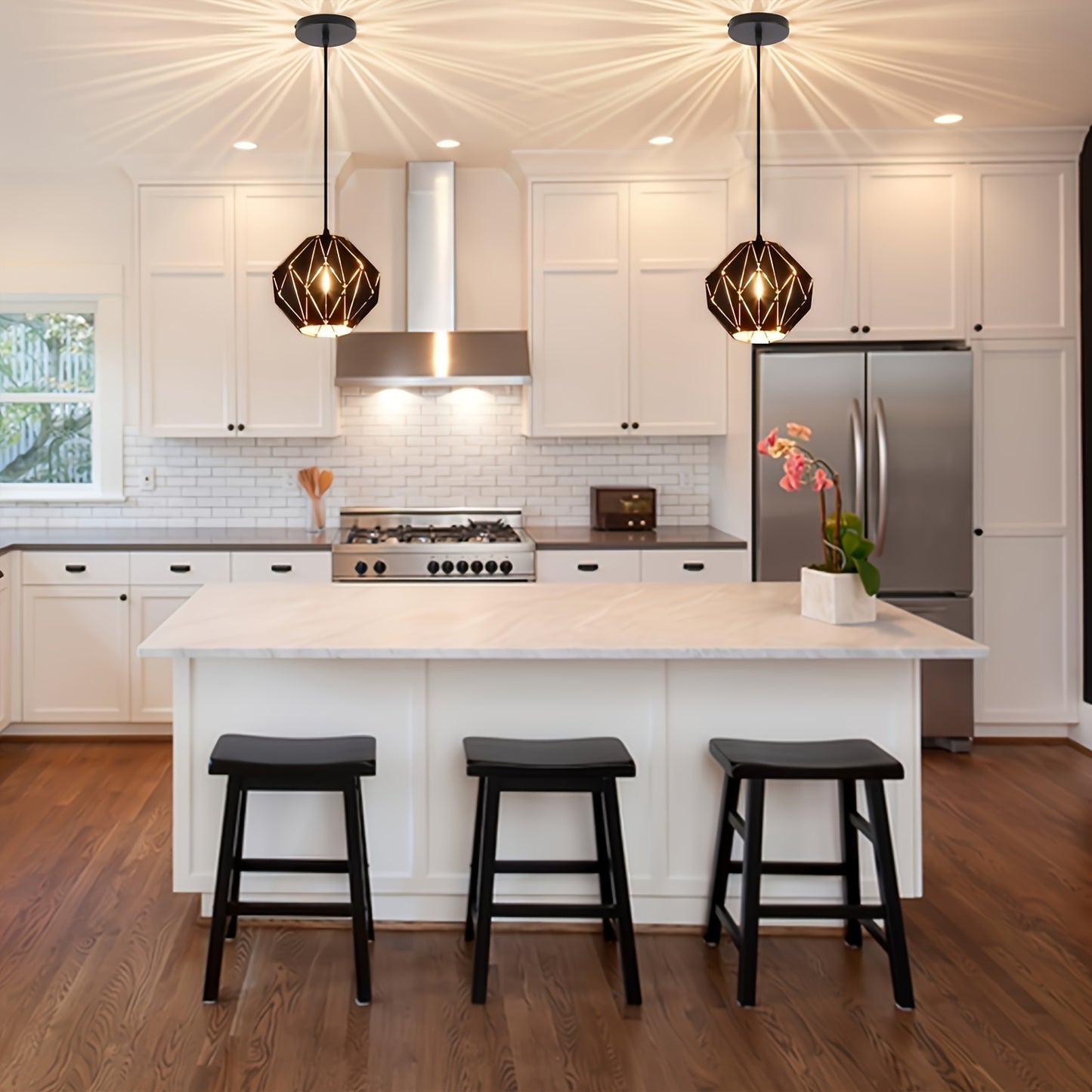 Industrial Pendant Light with Geometric Diamond Shade - Black Modern Farmhouse Ceiling Light for Kitchen Island, Dining Room, Living Room, Bedroom - E27 Bulb Base, 85V-265V, Hardwired, Kitchen Lighting | Modern Farmhouse Styl