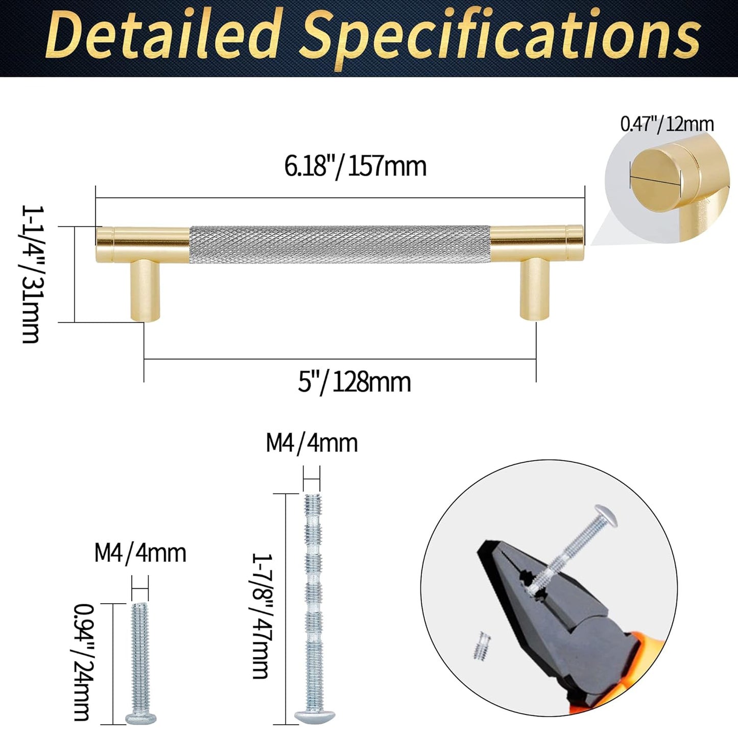 4 Pack Brushed Nickel Cabinet Pulls 5 Inch (128mm) Heavy Duty Knurled Handles - Modern Luxury Kitchen Cabinet Hardware with Corrosion- Aluminum Alloy, Golden & Nickel Finish, Easy Installation with Screws Included for Cabinet