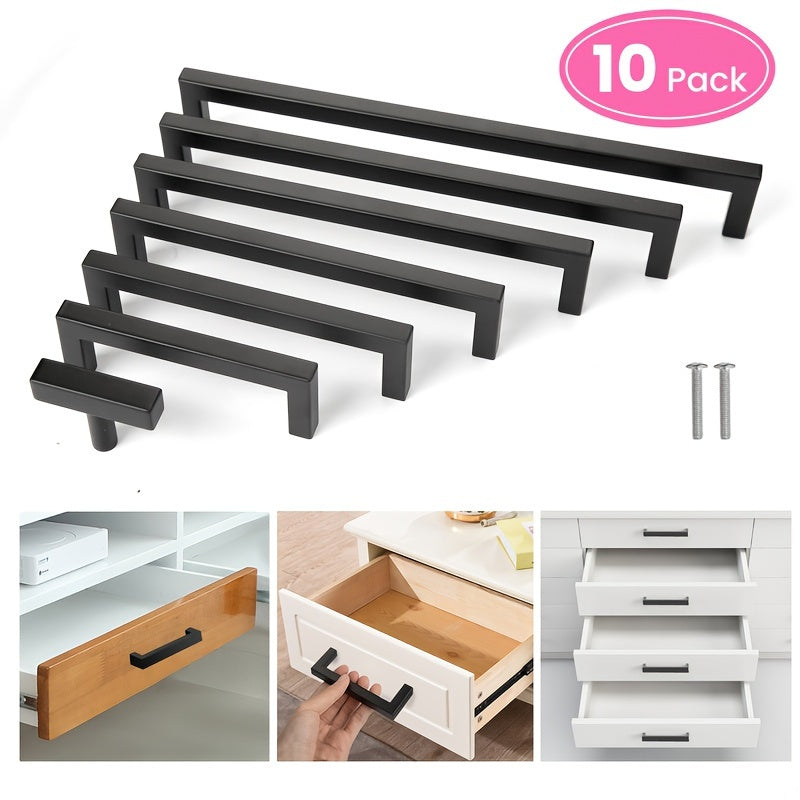 10pcs Matte Black Stainless Steel Cabinet Handles - Modern Square Drawer Pulls for Kitchen, Bathroom & Bar, Bar Cabinet, Hardware