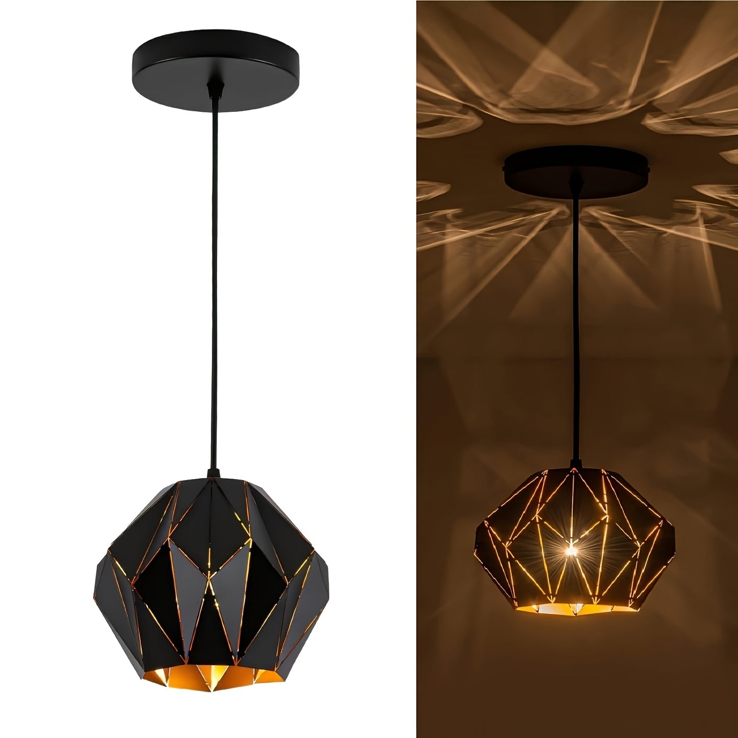Industrial Pendant Light with Geometric Diamond Shade - Black Modern Farmhouse Ceiling Light for Kitchen Island, Dining Room, Living Room, Bedroom - E27 Bulb Base, 85V-265V, Hardwired, Kitchen Lighting | Modern Farmhouse Styl