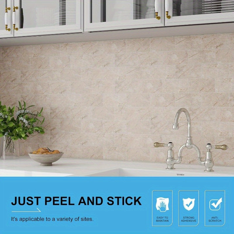 100 pcs Peel and Stick Backsplash Tiles - 3x6 Inch Subway Tile Design, Durable PVC Wall Tiles for Kitchen, Bathroom, Fireplace - Easy Install, No Grout Needed, Marble Pattern in Beige & Brown, Fireplace Backsplash | Marble Pa