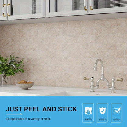 100 pcs Peel and Stick Backsplash Tiles - 3x6 Inch Subway Tile Design, Durable PVC Wall Tiles for Kitchen, Bathroom, Fireplace - Easy Install, No Grout Needed, Marble Pattern in Beige & Brown, Fireplace Backsplash | Marble Pa