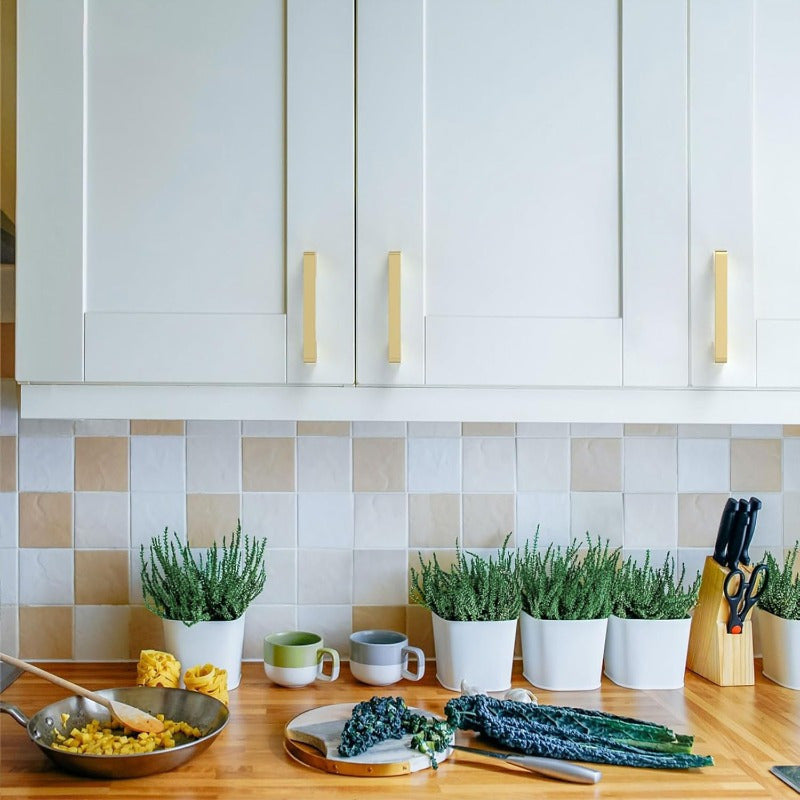 8 Pack Golden Brushed Cabinet Handles - Heavy Duty Zinc Alloy & Brass Hardware, Brushed Golden Finish Modern Rectangular Bar Design, 3.75" Hole Center & 4.2" Length, Easy Installation with Screws Included for Kitchen Cabinets