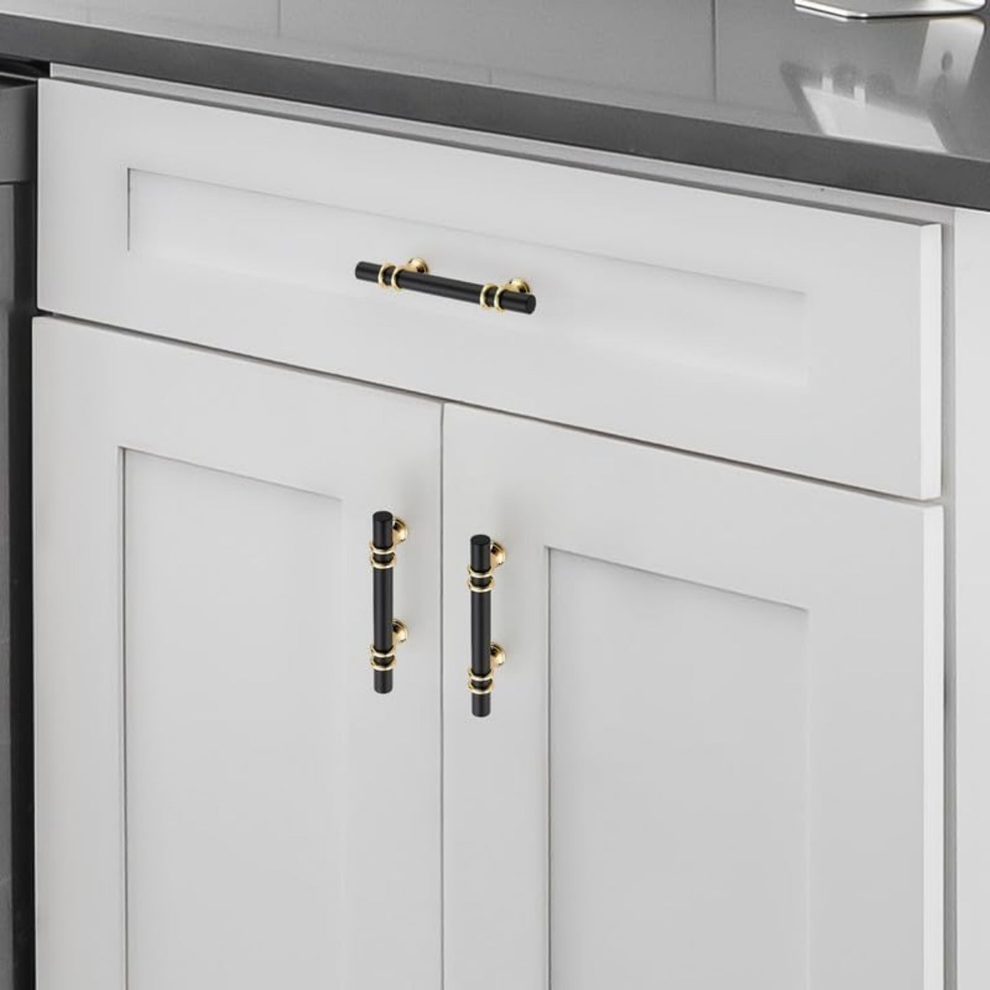 25pcs 5 Inch Matte Black & Golden Cabinet Pulls - Zinc Alloy Kitchen Cabinet Handles with Polished Golden Base, 3 Inch CC, Easy Installation, Durable Powder-Coated Finish for Drawers & Cupboards