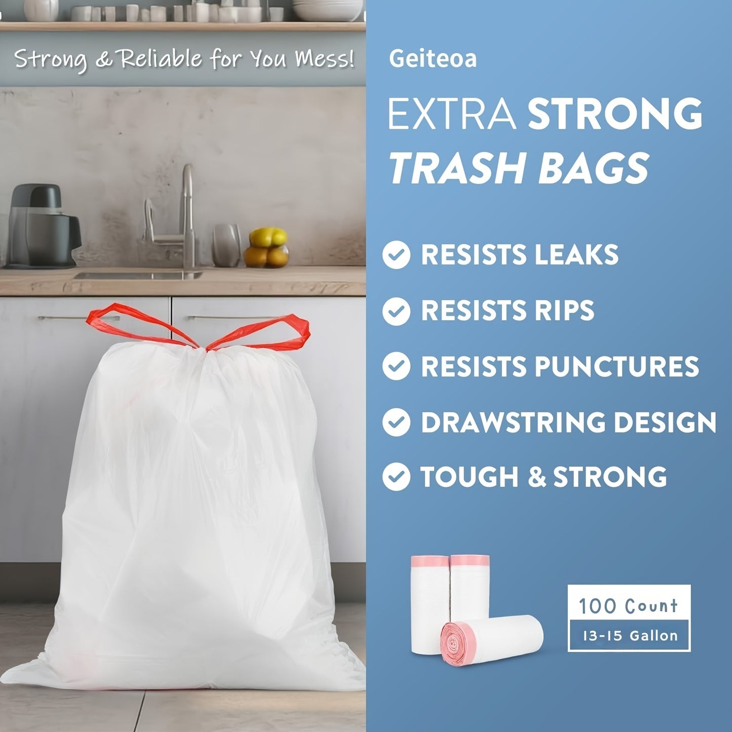 100 -Pack Heavy-Duty 13 Gal Commercial Trash Bags,