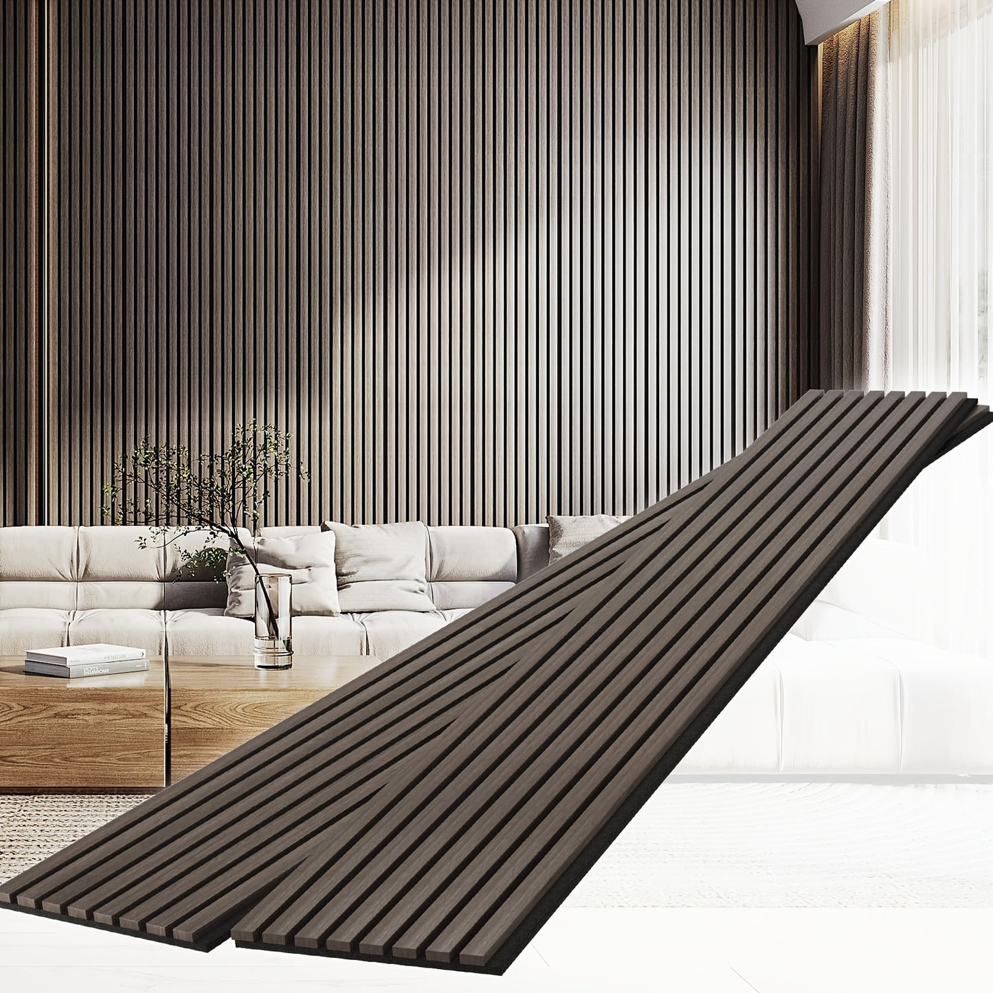 2pcs Modern Wood Slat Wall Panels, 93.5" x 12.6" - Decorative Acoustic Soundproofing for Walls and Ceilings, Felt Backing for Interior Décor, Sleek Dark Brown Striped Design, Ceiling Soundproofing | Modern Wood Panels | Natu
