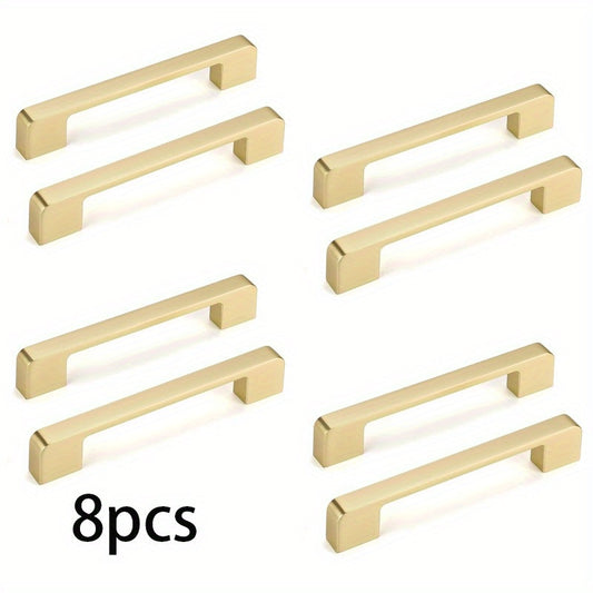 8 Pack Golden Brushed Cabinet Handles - Heavy Duty Zinc Alloy & Brass Hardware, Brushed Golden Finish Modern Rectangular Bar Design, 3.75" Hole Center & 4.2" Length, Easy Installation with Screws Included for Kitchen Cabinets