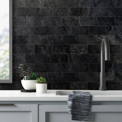 3x6 Peel and Stick Self-Adhesive Thick PVC Marble-Like Black Slate Tile Backsplash - Easy Install Removable Wall Panels for Kitchen, Bathroom, Fireplace, Laundry - Realistic Stone Look /Countertop Cover (No Grout Needed), Lar
