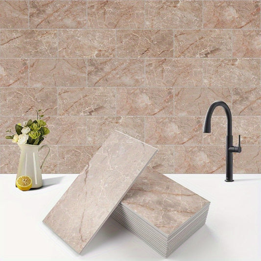100 pcs Peel and Stick Backsplash Tiles - 3x6 Inch Subway Tile Design, Durable PVC Wall Tiles for Kitchen, Bathroom, Fireplace - Easy Install, No Grout Needed, Marble Pattern in Beige & Brown, Fireplace Backsplash | Marble Pa