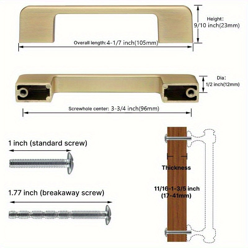 8 Pack Golden Brushed Cabinet Handles - Heavy Duty Zinc Alloy & Brass Hardware, Brushed Golden Finish Modern Rectangular Bar Design, 3.75" Hole Center & 4.2" Length, Easy Installation with Screws Included for Kitchen Cabinets
