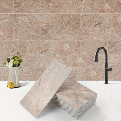 100 pcs Peel and Stick Backsplash Tiles - 3x6 Inch Subway Tile Design, Durable PVC Wall Tiles for Kitchen, Bathroom, Fireplace - Easy Install, No Grout Needed, Marble Pattern in Beige & Brown, Fireplace Backsplash | Marble Pa